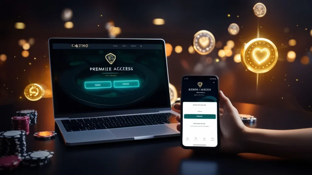 Login am Laptop und Smartphone im dunklen Casino-Design