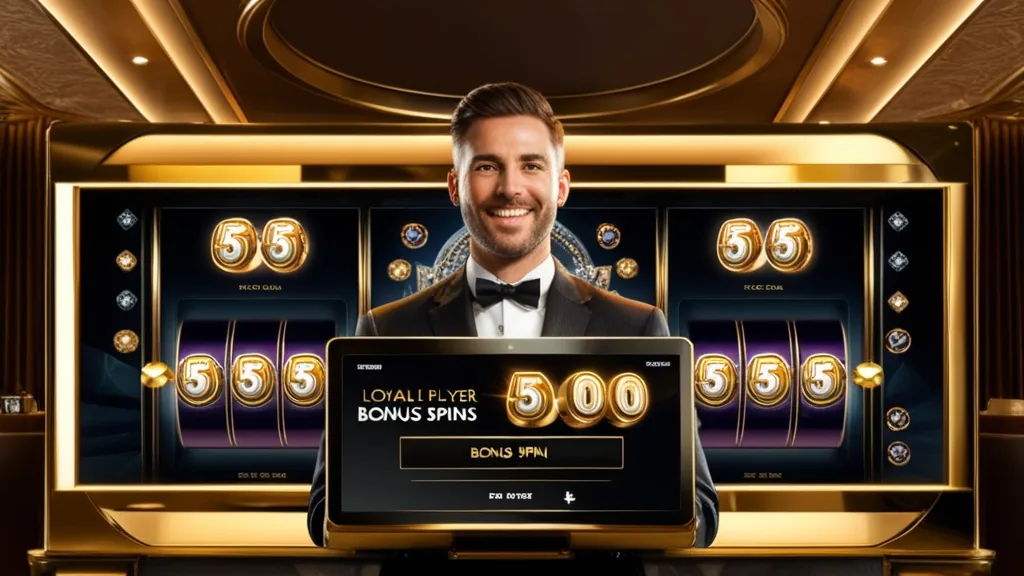 Dunkle Slot-Halle mit Freispiele-Anzeige für Bestandskunden