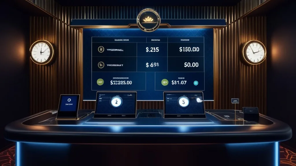 Dunkler Casino-Schreibtisch mit Symbolen für Gebühren, Limits und Uhrzeiten