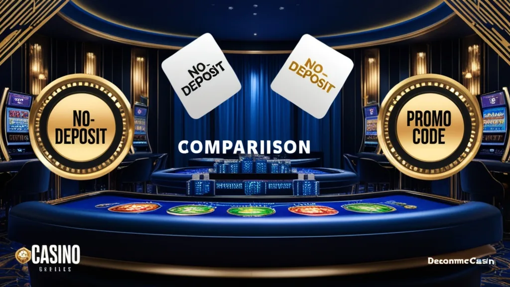 Vergleich von No-Deposit-Bonus und Promo-Code in dunkler Casino-Szene