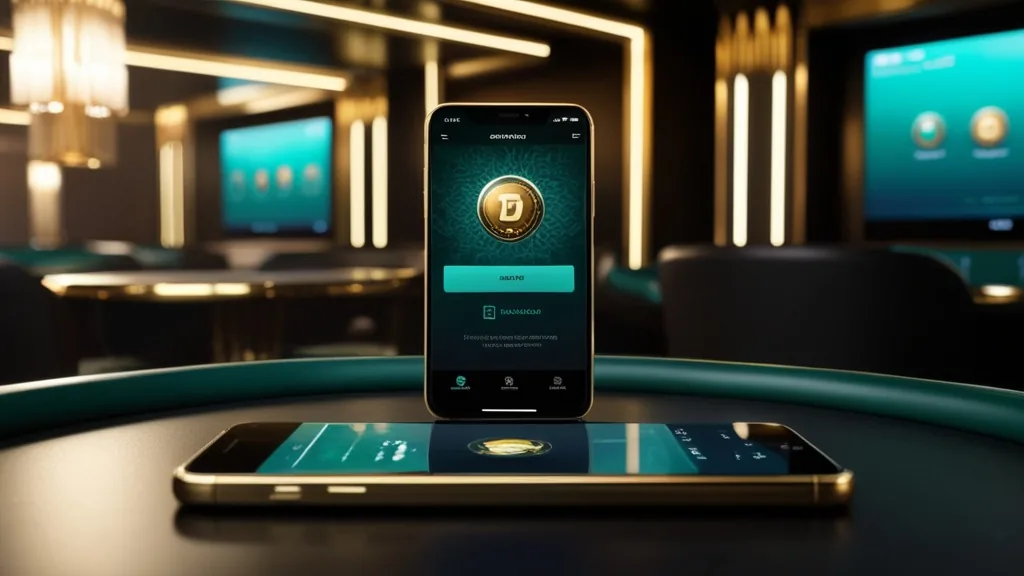 Smartphone mit App-Download in dunkler Casino-Atmosphäre