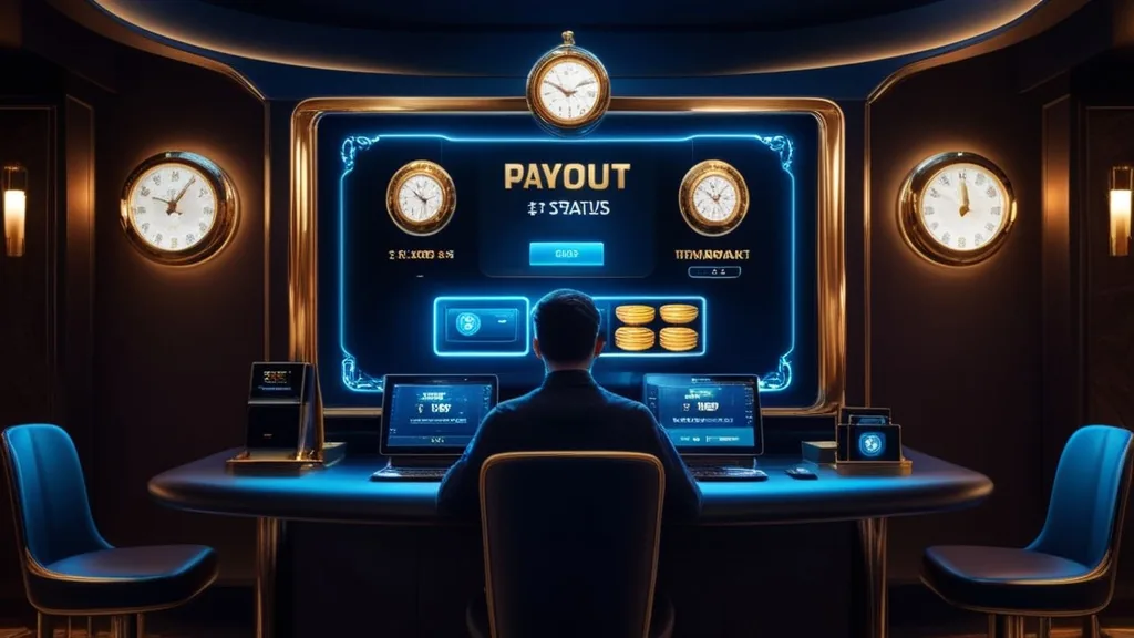 Dunkle Casino-Szene mit Auszahlungsstatus und Uhrsymbolen