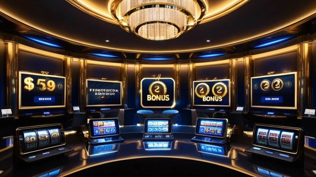 Dunkle Casino-Szene mit Bonus-Symbolen und leuchtenden Aktionsanzeigen