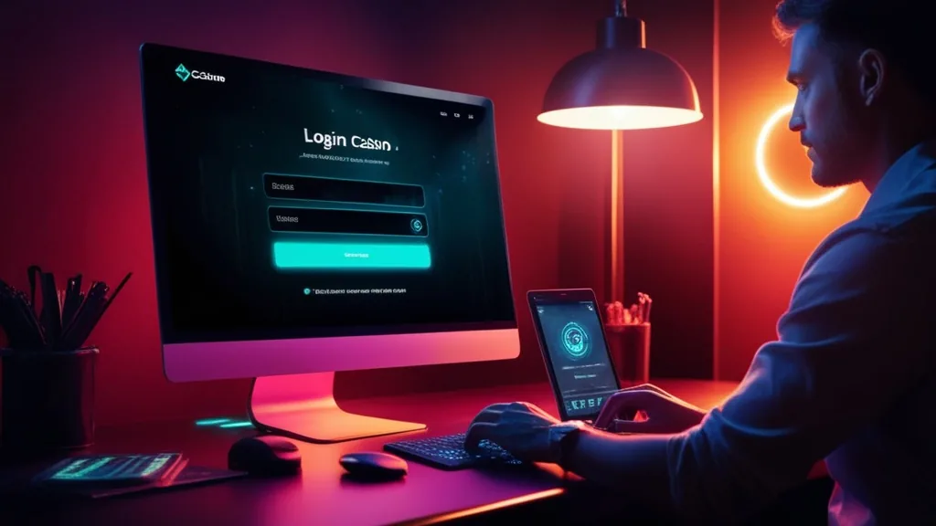 Spieler am Bildschirm mit Login-Feldern im dunklen Casino-Stil