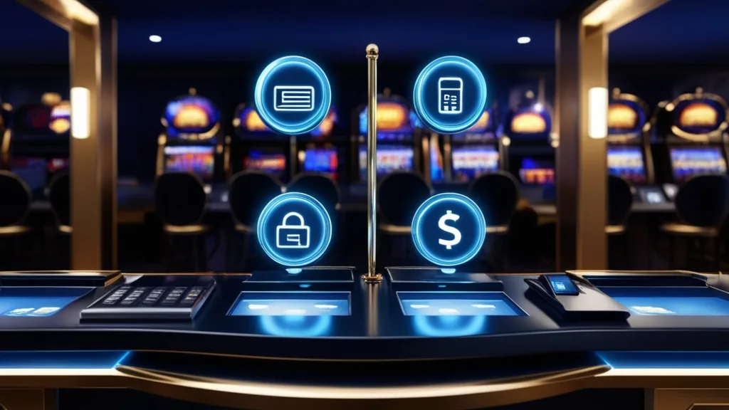 Dunkler Casino-Schalter mit Symbolen für Karte, Wallet und Überweisung