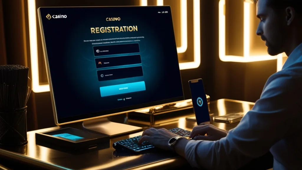 Formular zur Registrierung vor dunklem Casino-Hintergrund