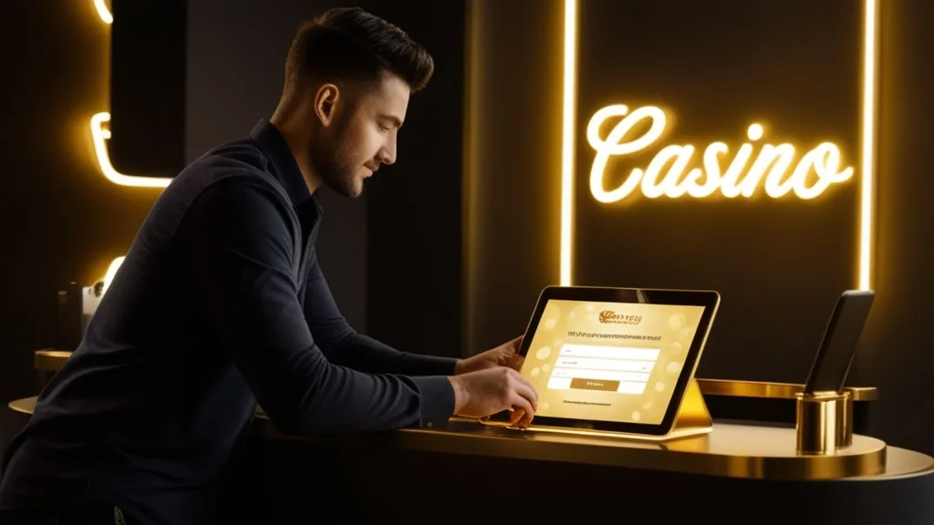 Person füllt Registrierungsformular im dunklen Casino-Look aus